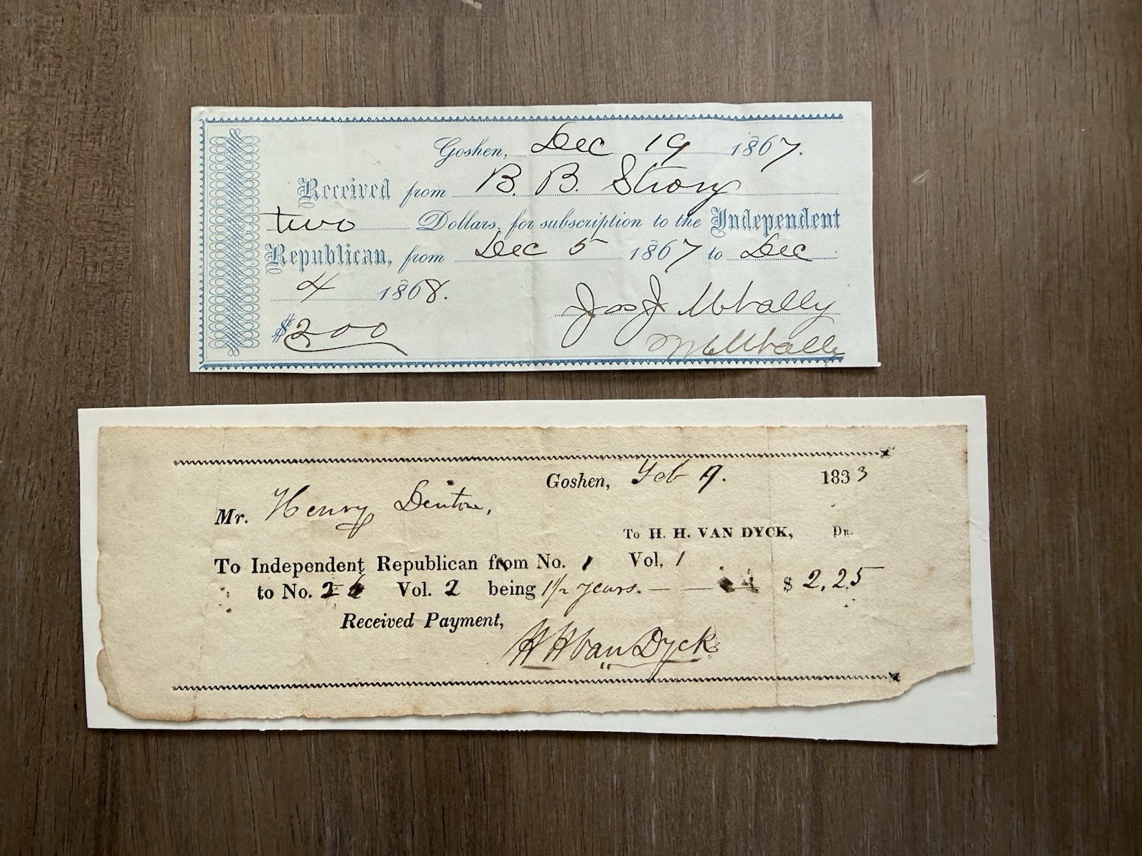 RARE 1833 & 1867 Independent Republican Ephemera Newspaper  Receipts, Goshen NY