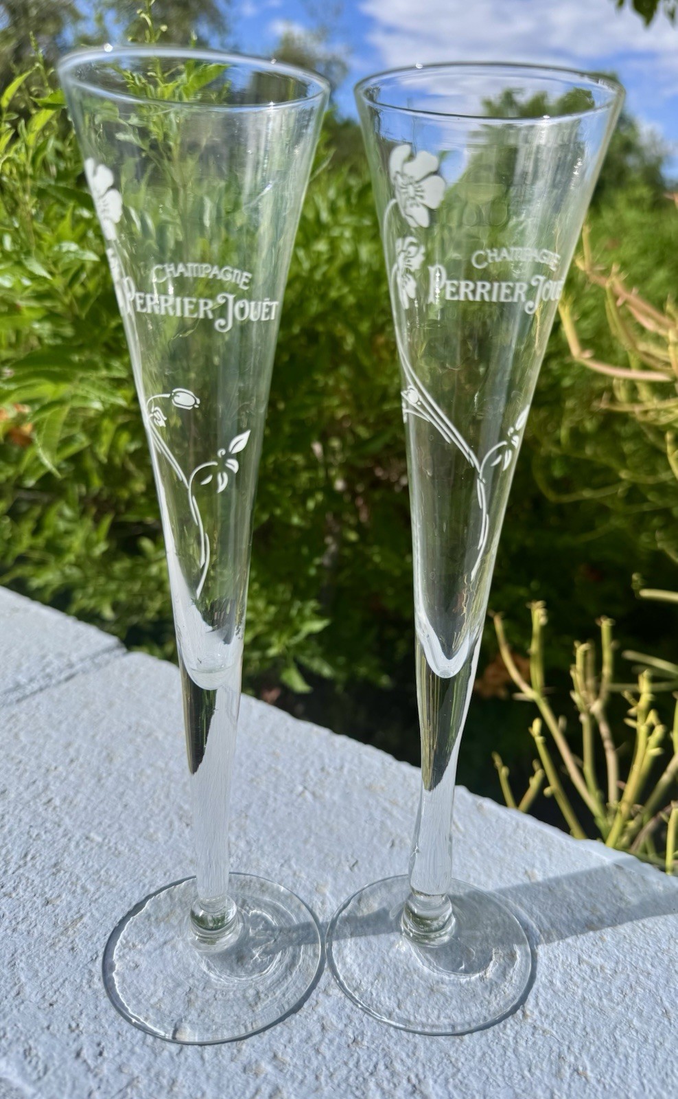 Two Vtg. Perrier Jouet Hollow Stem White Flower Champagne Flutes RARE Cocktail