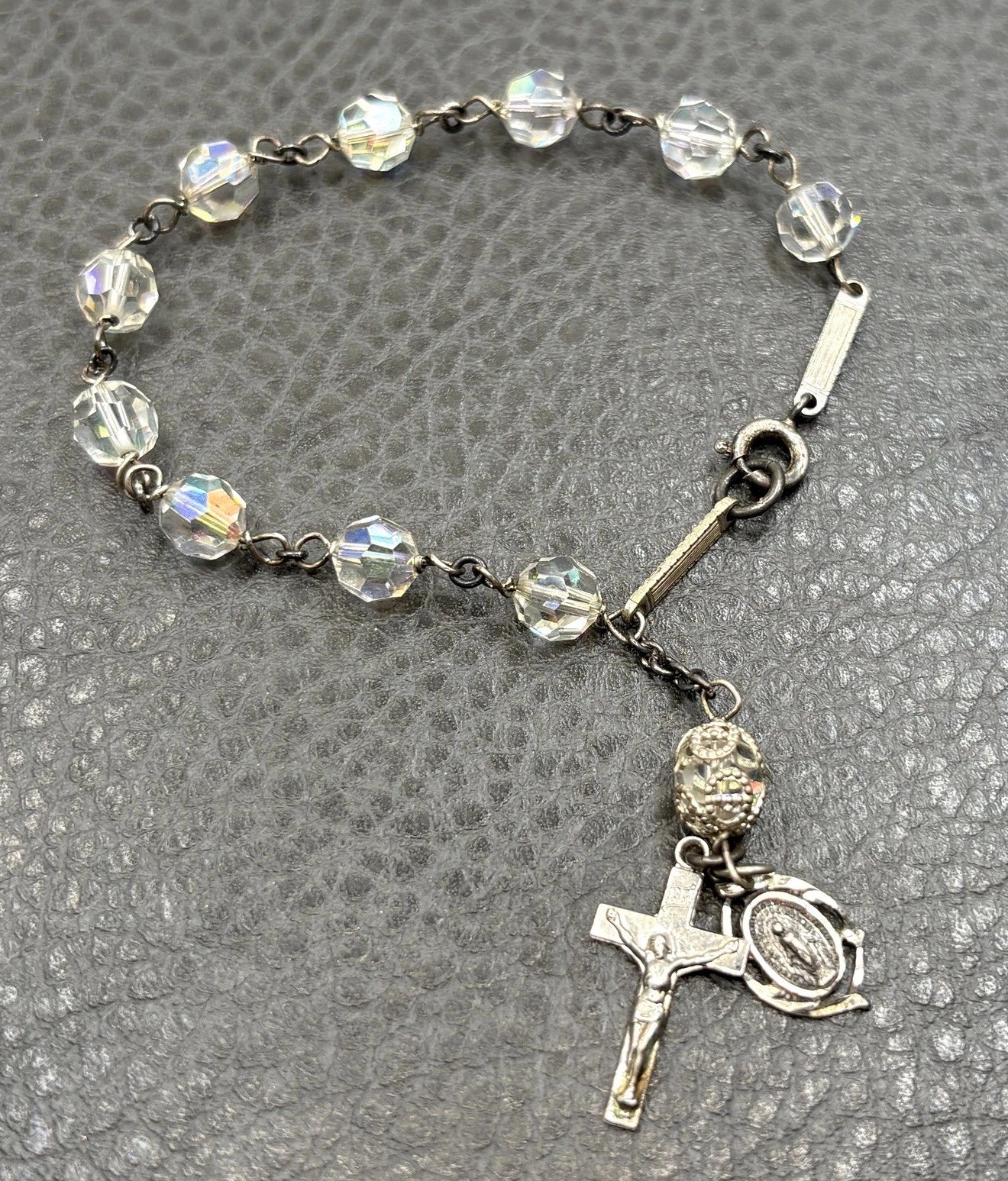 VTG Sterling Silver Pocket Rosary Bracelet AB Crystal Beads Crucifix Miraculous VTG Sterling Silver Pocket Rosary Bracelet AB Crystal Beads Crucifix Miraculous