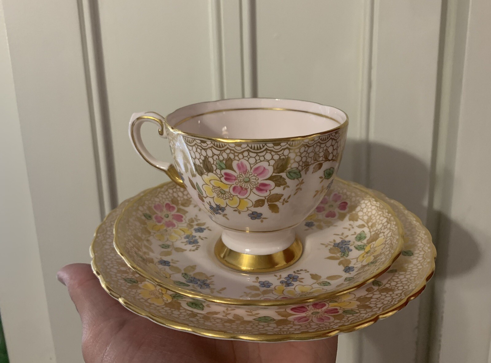 Vintage Tuscan Fine English Bone China Teacup Saucer Plate 3 Pc Set Flowers Gold