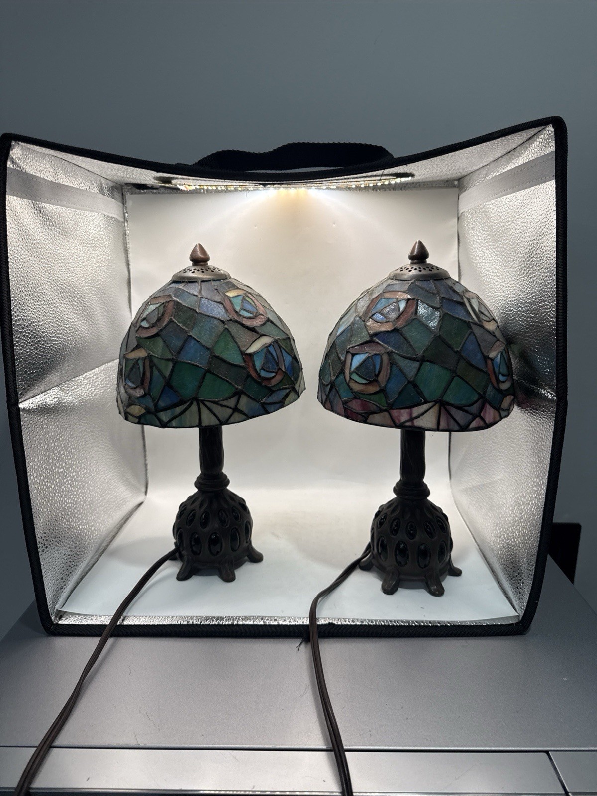 Pair Vintage Tiffany Style Stained Glass Rose Floral Table Lamps 13” WORKING *