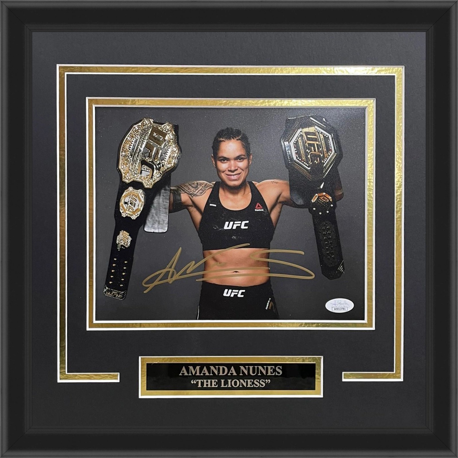 Amanda Nunes Autographed UFC (Pose with Belts) Deluxe Framed 8x10 Photo - JSA Amanda Nunes Autographed UFC (Pose with Belts) Deluxe Framed 8x10 Photo - JSA
