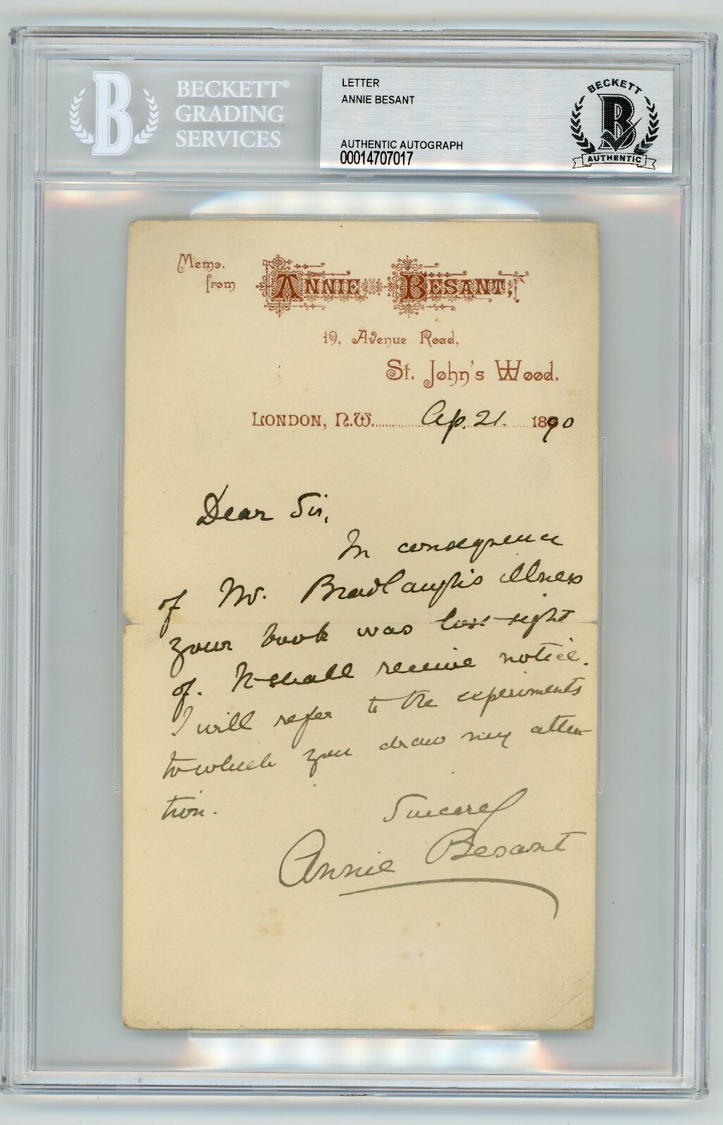 Annie Besant ~ Handwritten & Signed Letter About Charles Bradlaugh ~ Beckett BAS