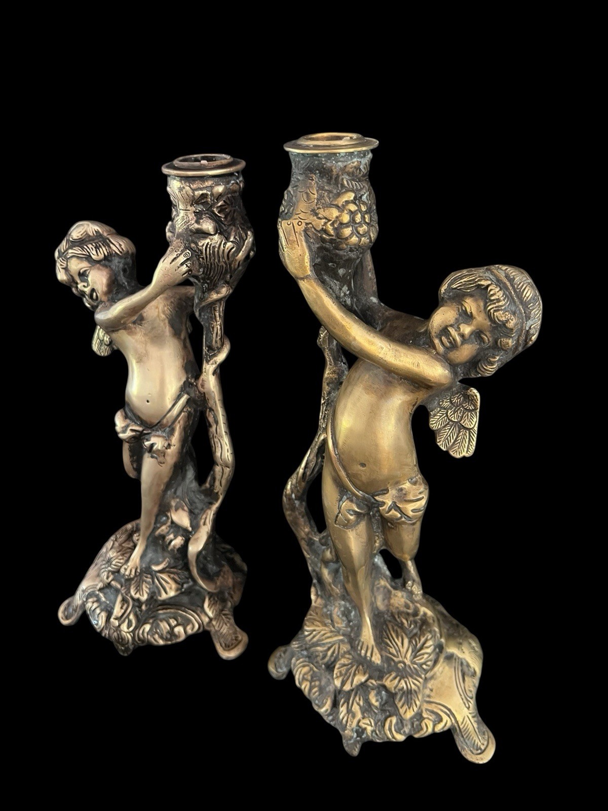 French Art  Bronze Candle Sticks cherub Putti Holding Wine Cask 1800’s