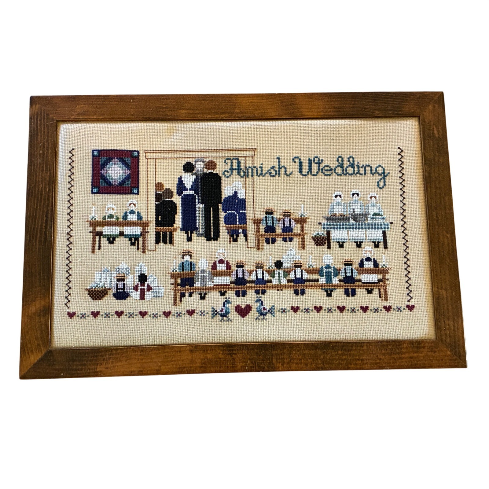 VTG Amish Wedding Cross Stitch Framed Folk Art Needlepoint Cottagecore 13x19 VTG Amish Wedding Cross Stitch Framed Folk Art Needlepoint Cottagecore 13x19