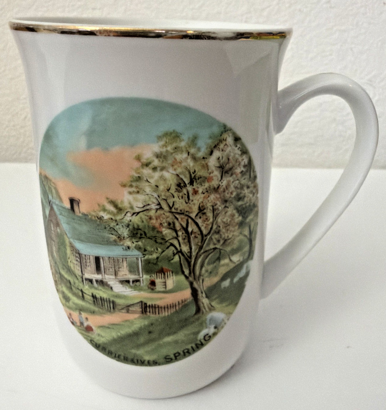 Vintage Cup Currier & Ives Spring Gold Trim Scenic Made in Japan
