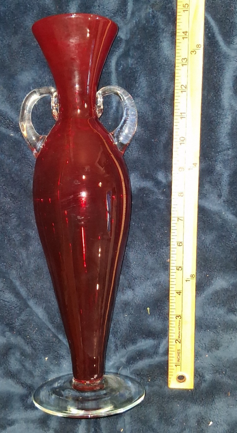 Vtg Blenko Ruby Red Handcrafted Art Glass Footed Vase with Applied Handles Vtg Blenko Ruby Red Handcrafted Art Glass Footed Vase with Applied Handles