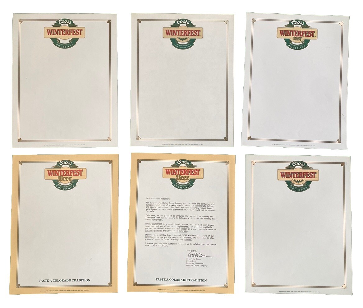 Collection of 6 1986-88 Coors Winterfest Beer Letterheads w/ Peter Coors Letter Collection of 6 1986-88 Coors Winterfest Beer Letterheads w/ Peter Coors Letter