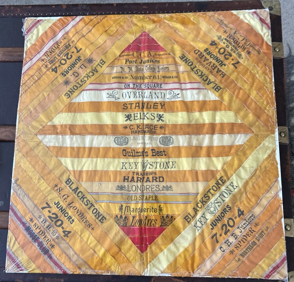 Antique Cigar Silk Quilt Pillow Top 19x19 Victorian Ribbon Tobacco Folk Art