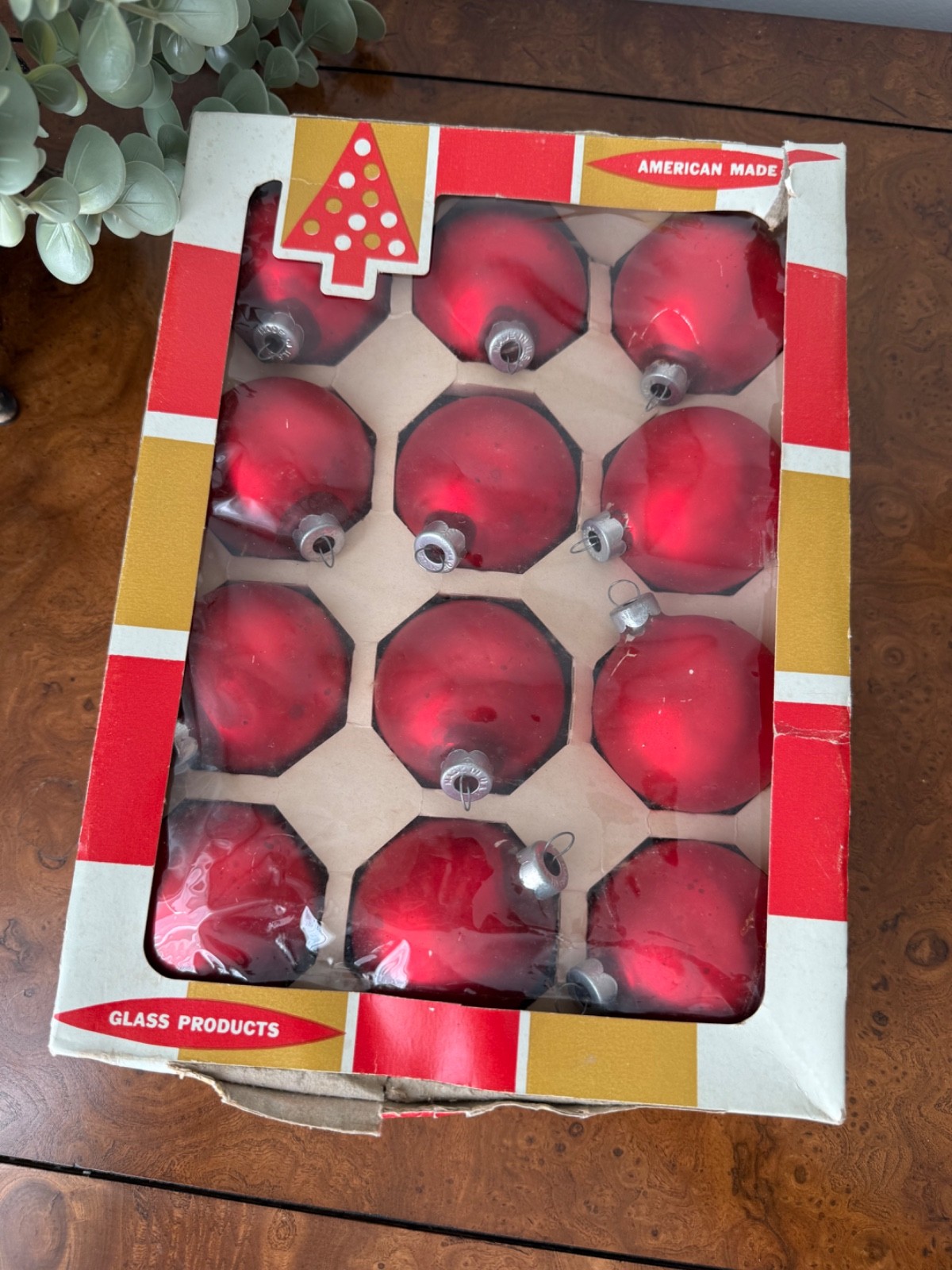 12 vintage Coby ruby red glass Christmas tree ornaments in their original box