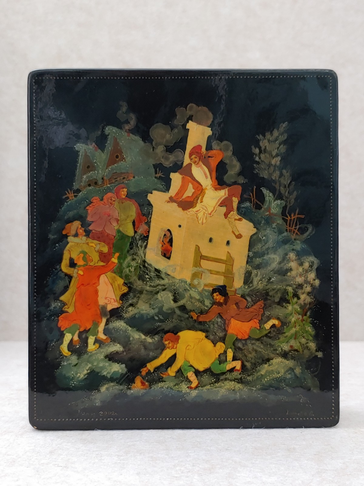 Palekh Russian Fairy Tale Painted Chimney Man Artwork Wooden Lacquer Jewelry Box