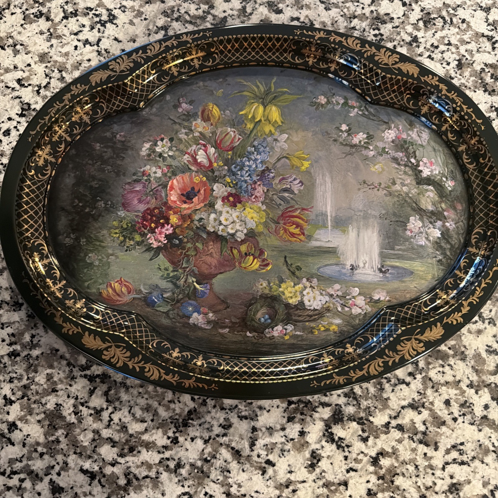 CHATSWORTH DERBYSHIRE AUTUMN by Patricia Machin Tin Tray England Green Oval CHATSWORTH DERBYSHIRE AUTUMN by Patricia Machin Tin Tray England Green Oval