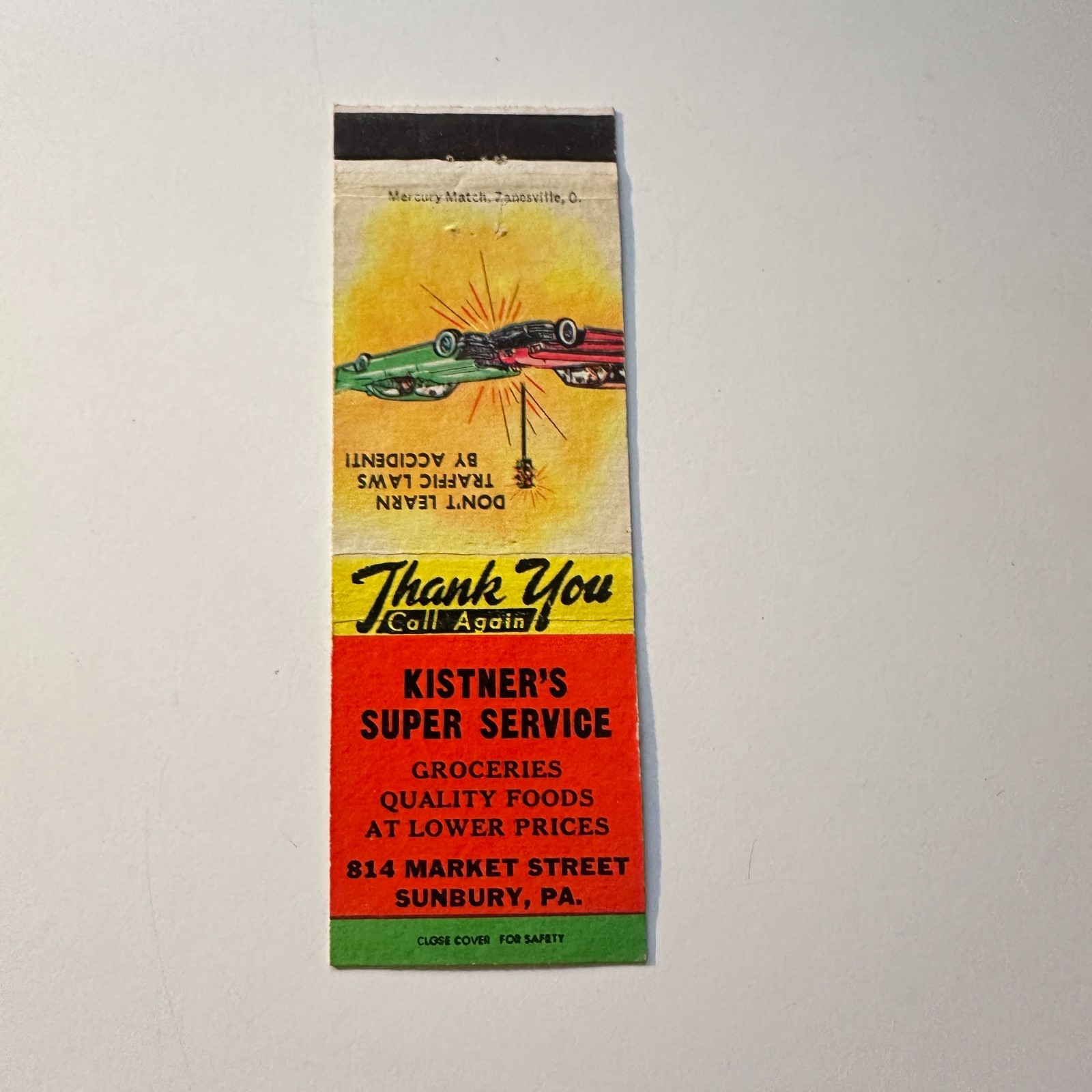 Kistner's Super Service Groceries Sunbury PA Vintage Matchbook Cover 5MB126-3-3