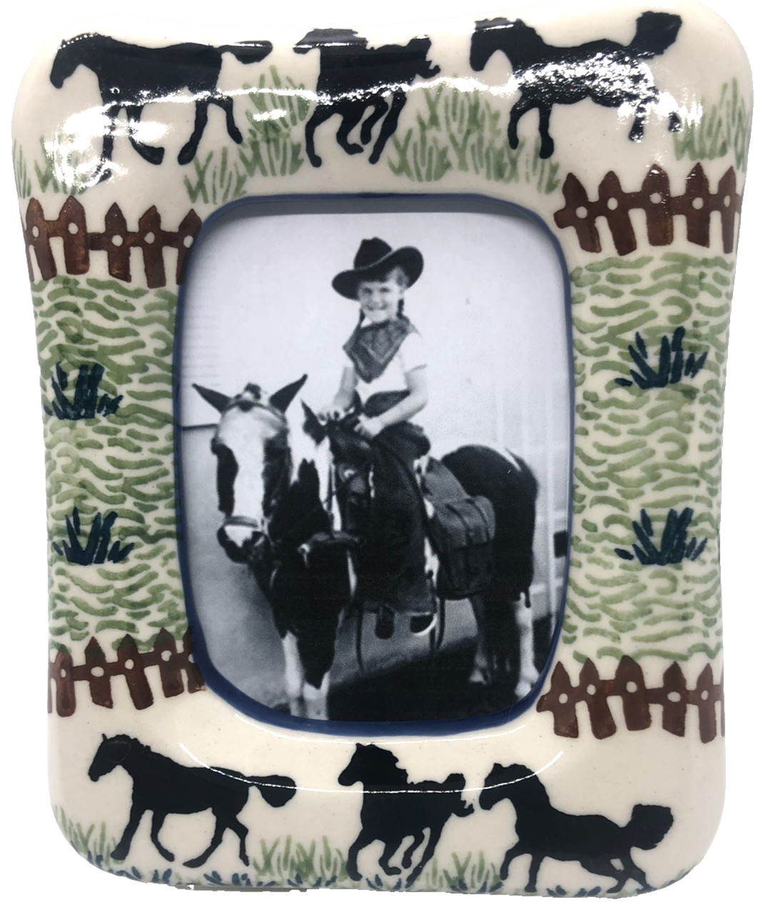 Polish Pottery Stoneware Frame Horsing Around Horses Black Green Rust Polish Pottery Stoneware Frame Horsing Around Horses Black Green Rust