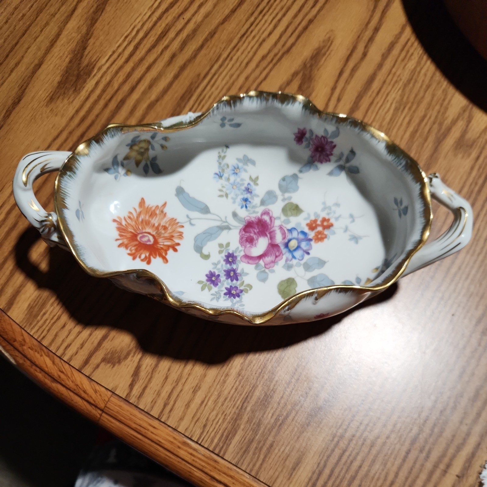 Large vintage German footed hand painted floral centerpiece bowl 17