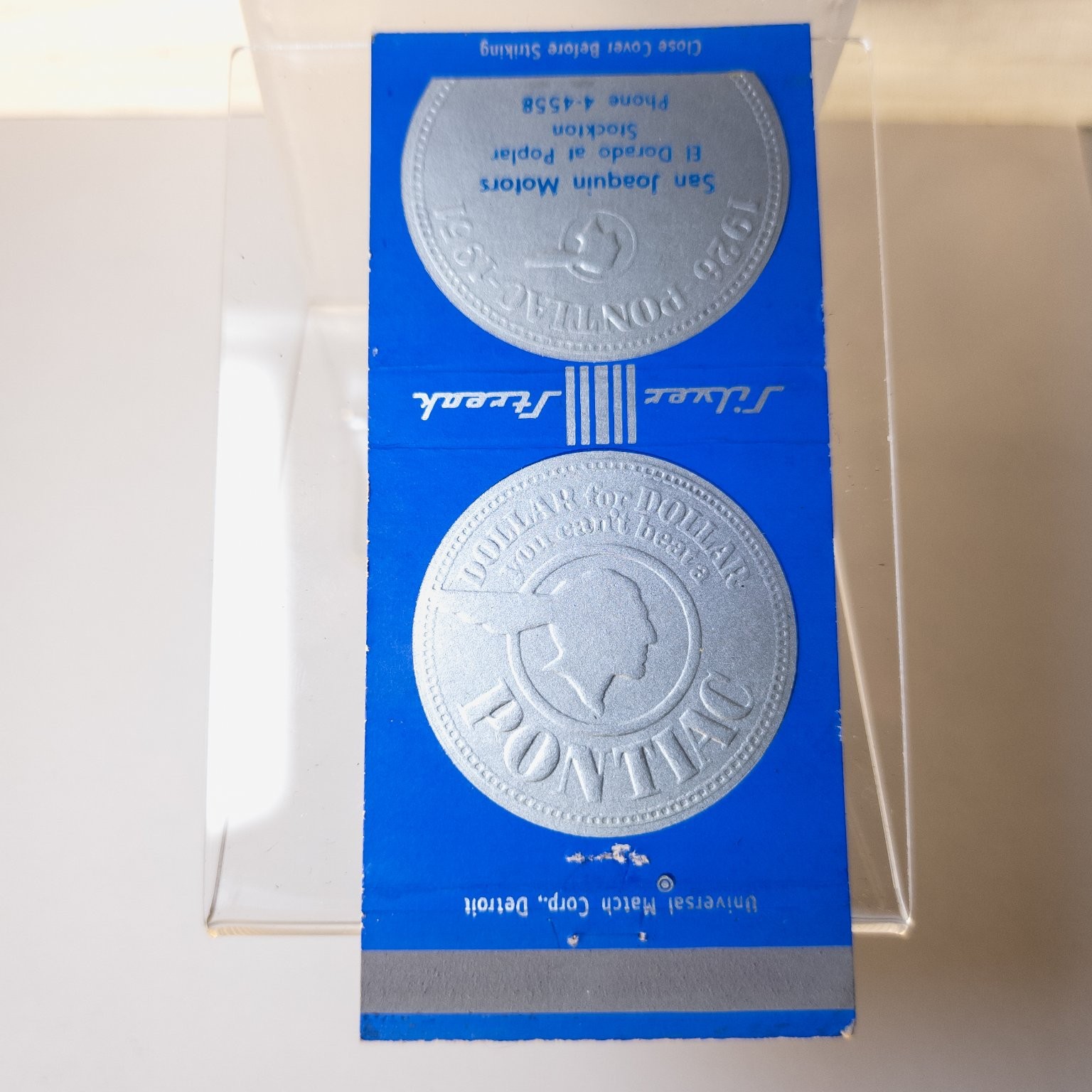 San Joaquin Motors Stockton 1926-1931 Pontiac Silver Streak Matchbook San Joaquin Motors Stockton 1926-1931 Pontiac Silver Streak Matchbook