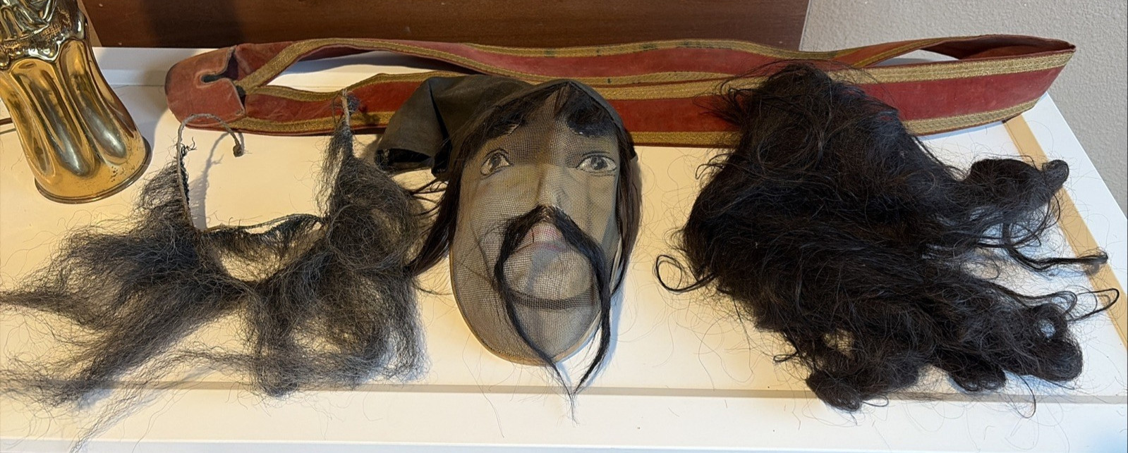 Antique Odd Fellows Ceremonial Mask Hand Painted Wire Mesh C. 1900 Wig Mustache Antique Odd Fellows Ceremonial Mask Hand Painted Wire Mesh C. 1900 Wig Mustache