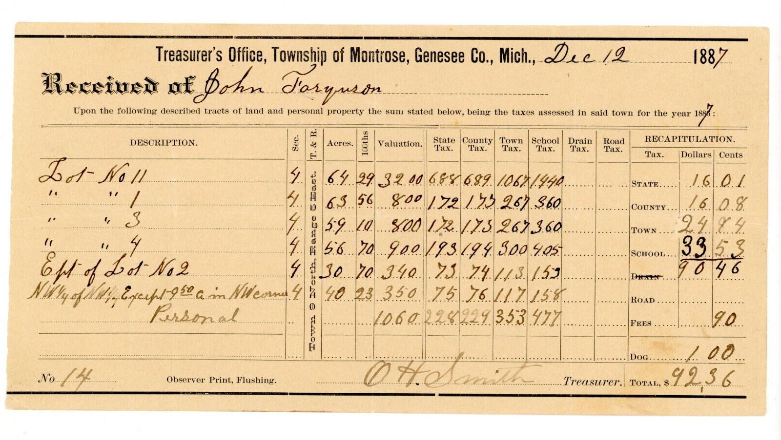 1887 Hand Signed Tax receipt O H Smith Montrose Genesee Co. Michigan 1887 Hand Signed Tax receipt O H Smith Montrose Genesee Co. Michigan