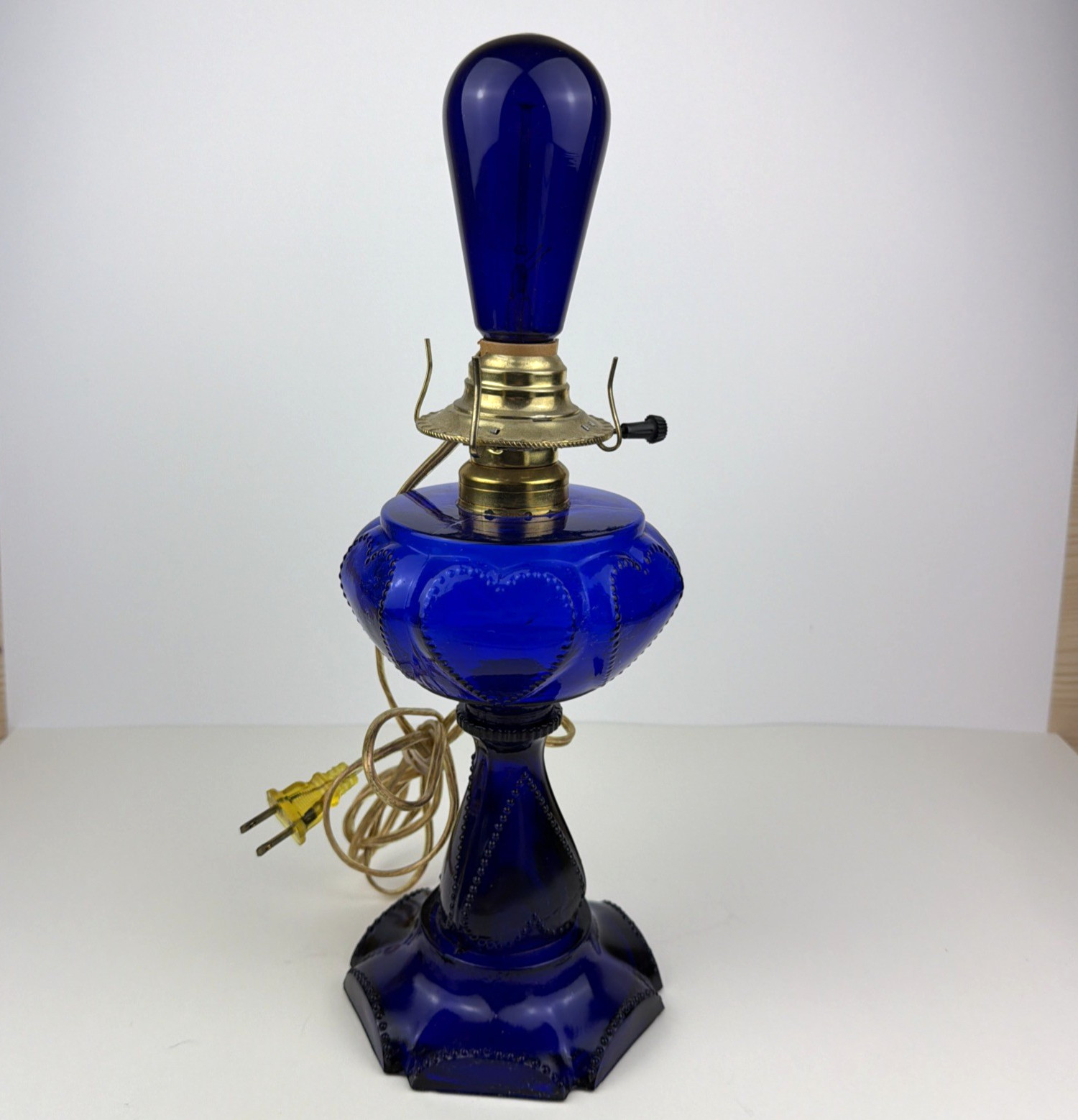 Vintage Cobalt Blue Glass Oil Lamp Electric Conversion Sweetheart Beaded Heart Vintage Cobalt Blue Glass Oil Lamp Electric Conversion Sweetheart Beaded Heart