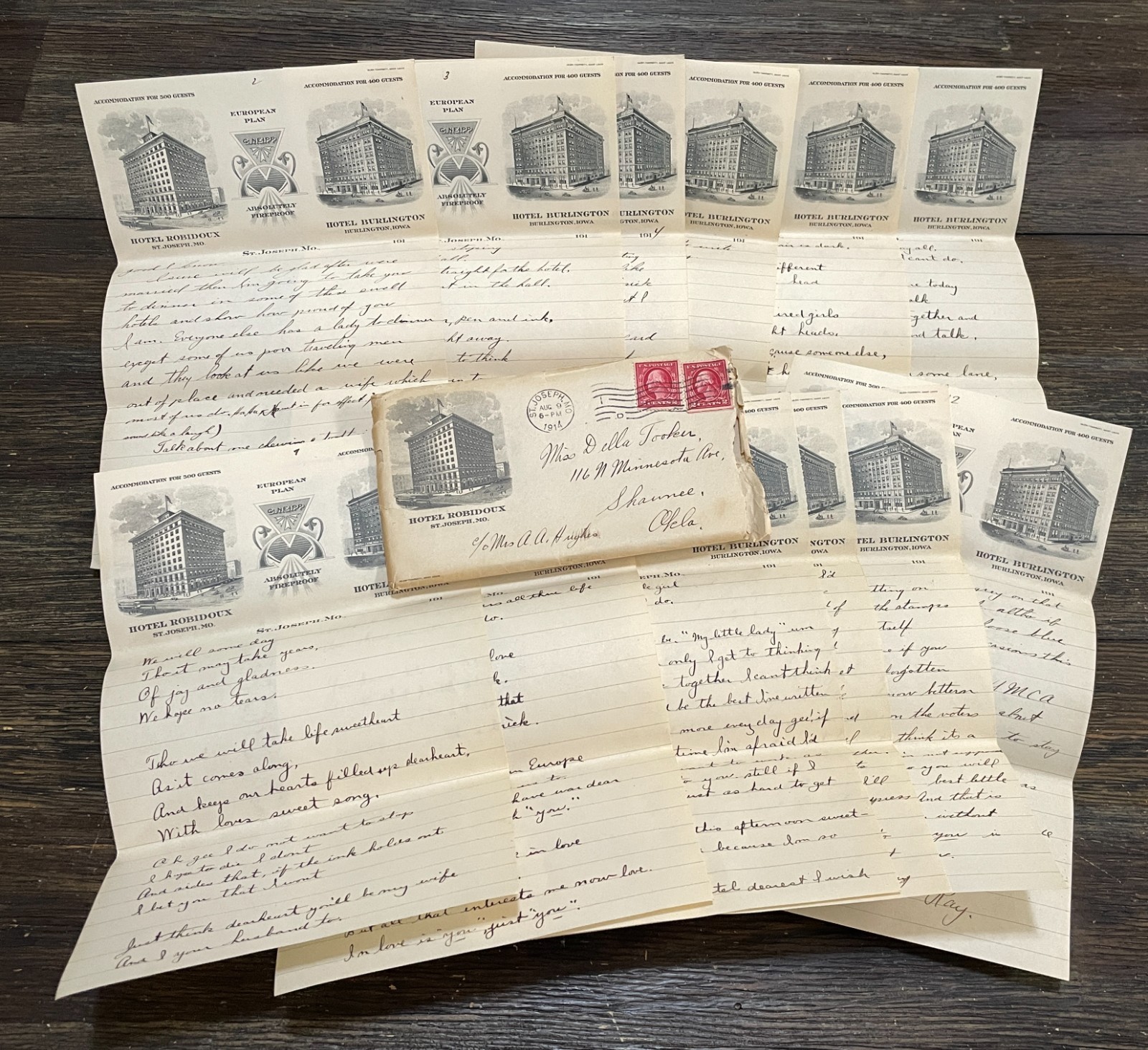 1914 WW1 Love Letter 12 Pages Hotel Robidoux St Joseph MO Marriage Plans Poetry