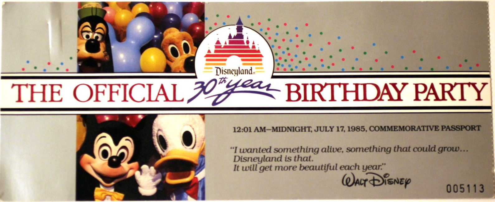 Disneyland 1985 Souvenir Ticket 30th Birthday All-Night Party Walt Disney WDP