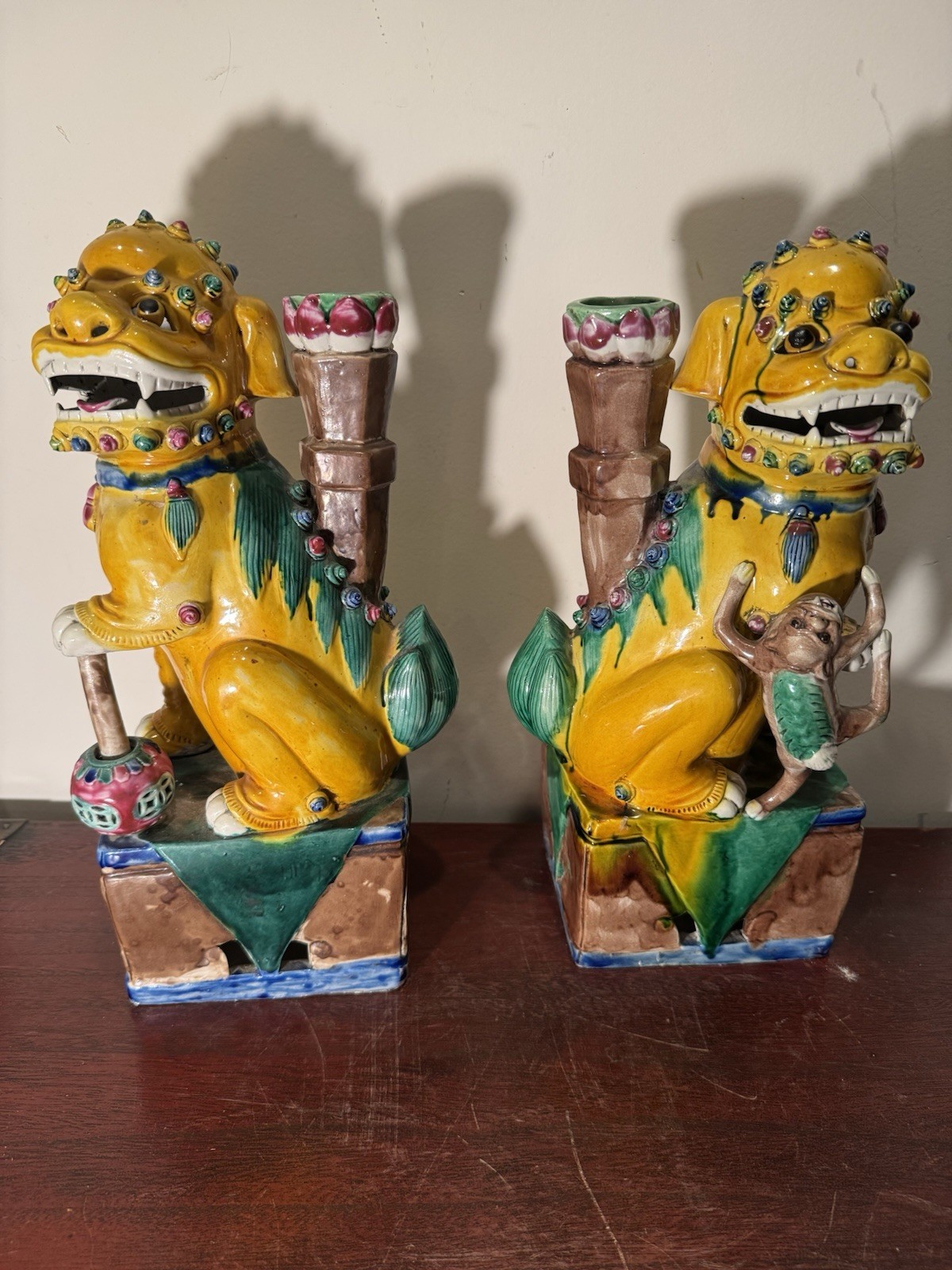 PAIR OF YELLOW GLAZED FU DOGS