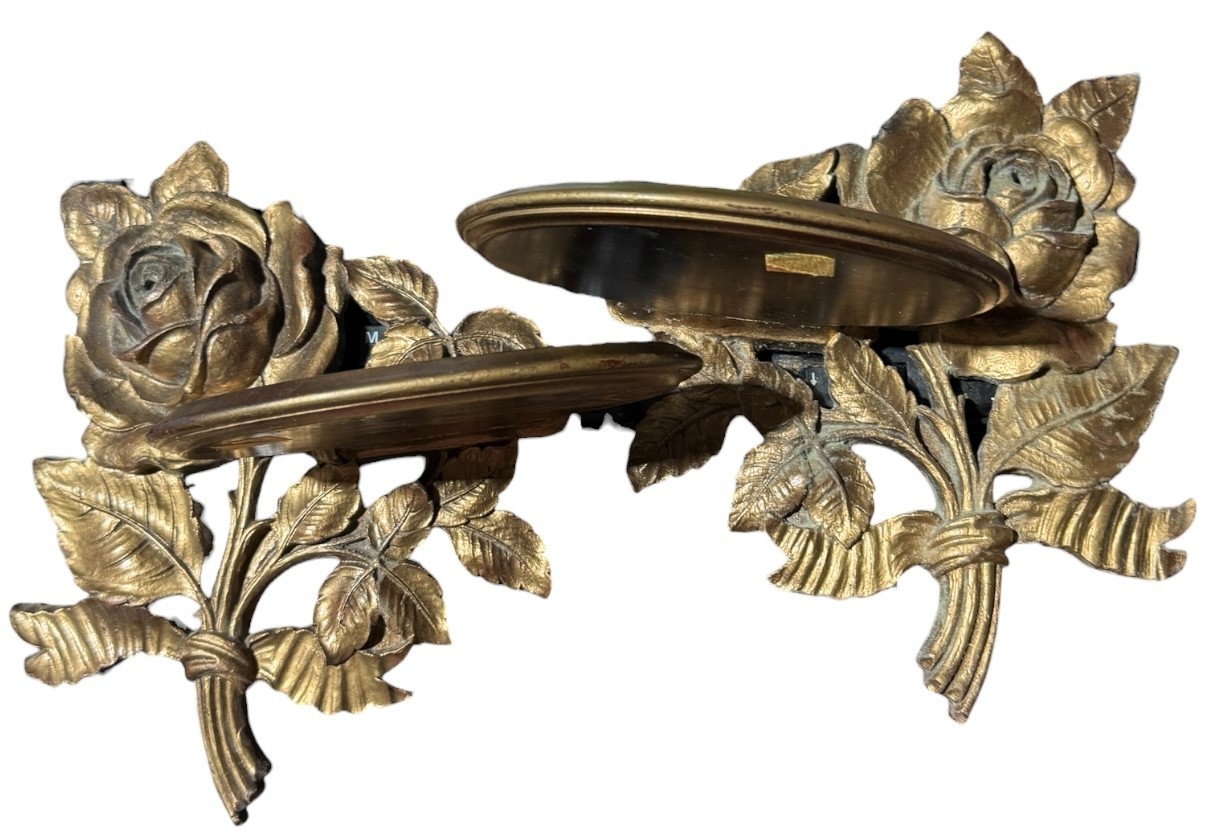 VTG Gold Gilt Heavily Carved Wood Chippy Rose Shelf Romantic MCM Mid Century