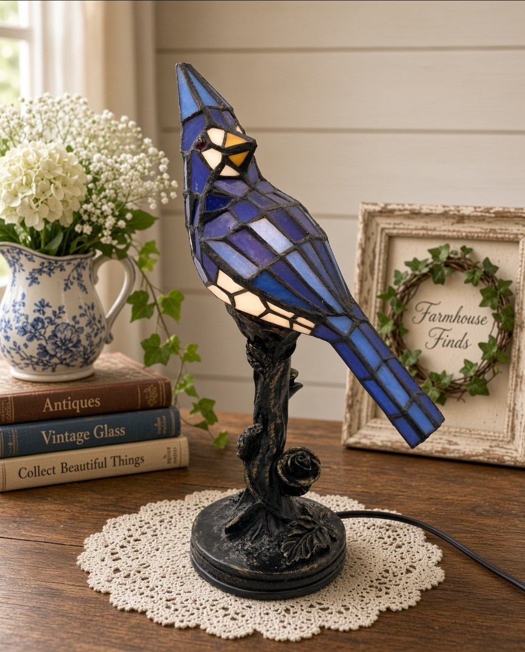 Tiffany Style Stained Glass Blue Jay Bird Lamp Bronze Branch 12\