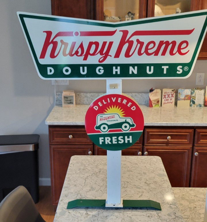 Krispy Kreme Doughnut Sign 2 Sided Steel Metal Wood Plastic Bracket Vintage 26 Krispy Kreme Doughnut Sign 2 Sided Steel Metal Wood Plastic Bracket Vintage 26