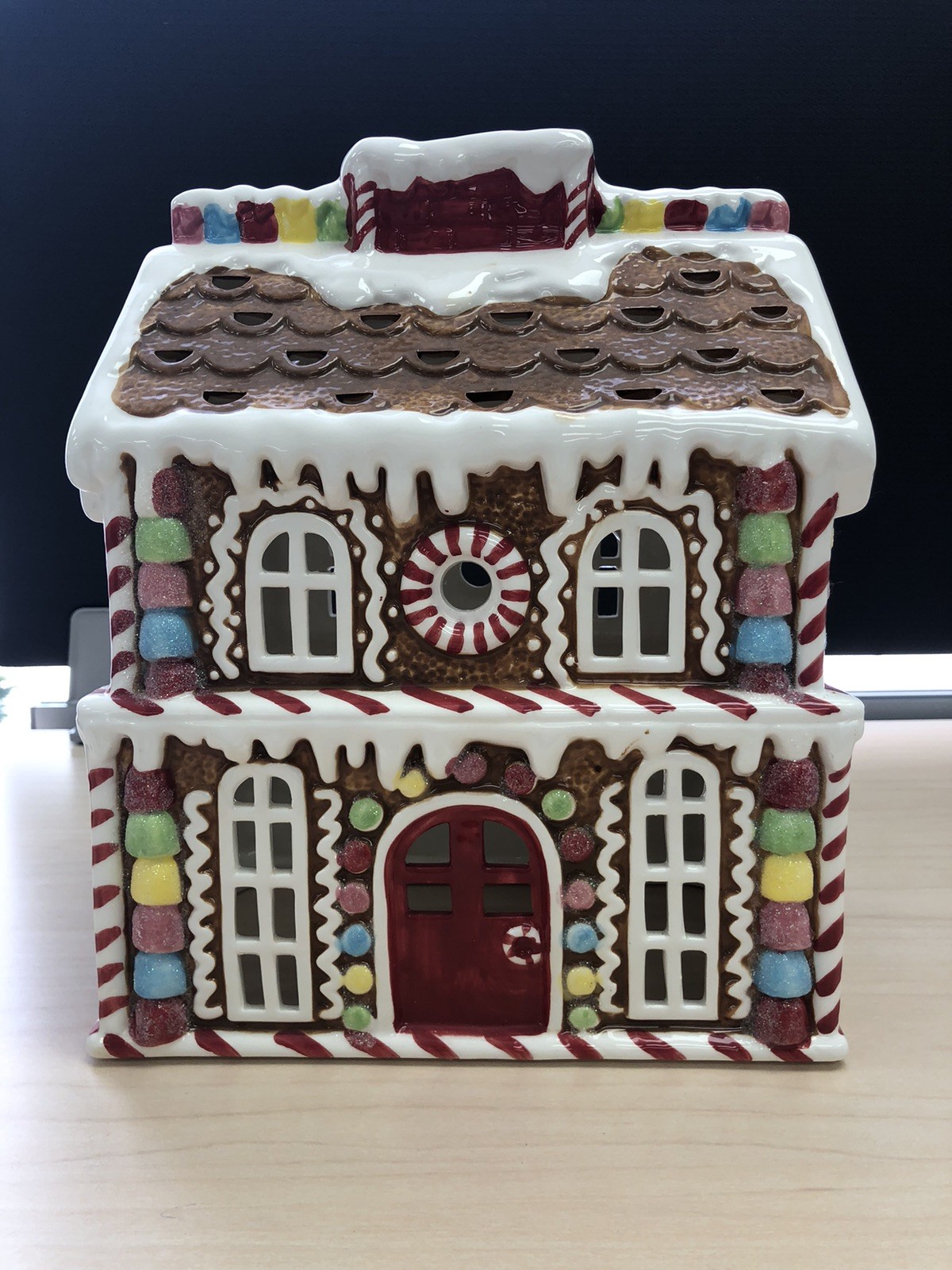 RARE 2016 PartyLite Iced Gingerbread Ceramic House MISSING BOTTOM Candle Holder