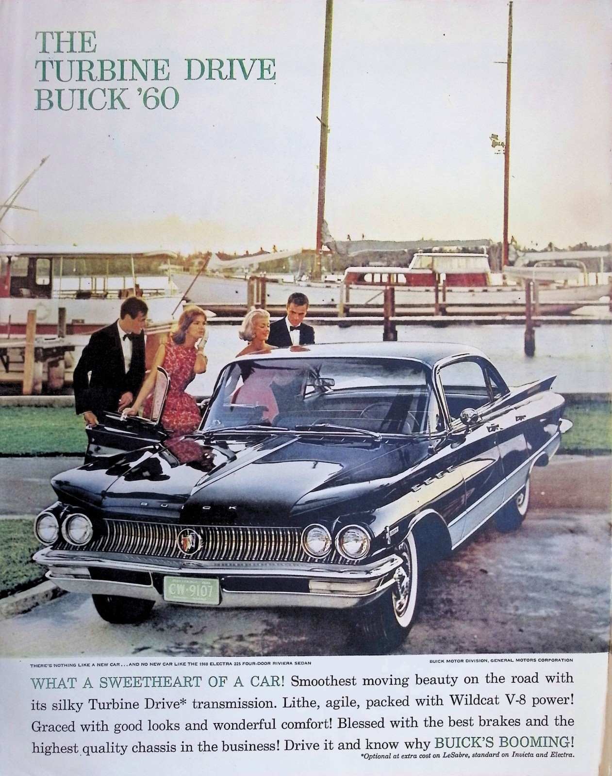 Original 1960 Buick Ad: Electra 225 Riviera Sedan Wildcat V8 Car Marina Boat