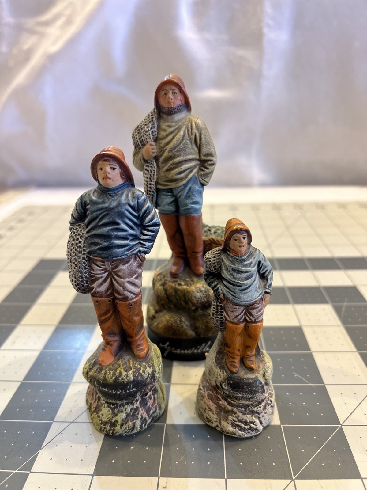 Vintage Terracotta Santon Folk Fisherman & Woman w/ Nets Figures, L.P.W. France