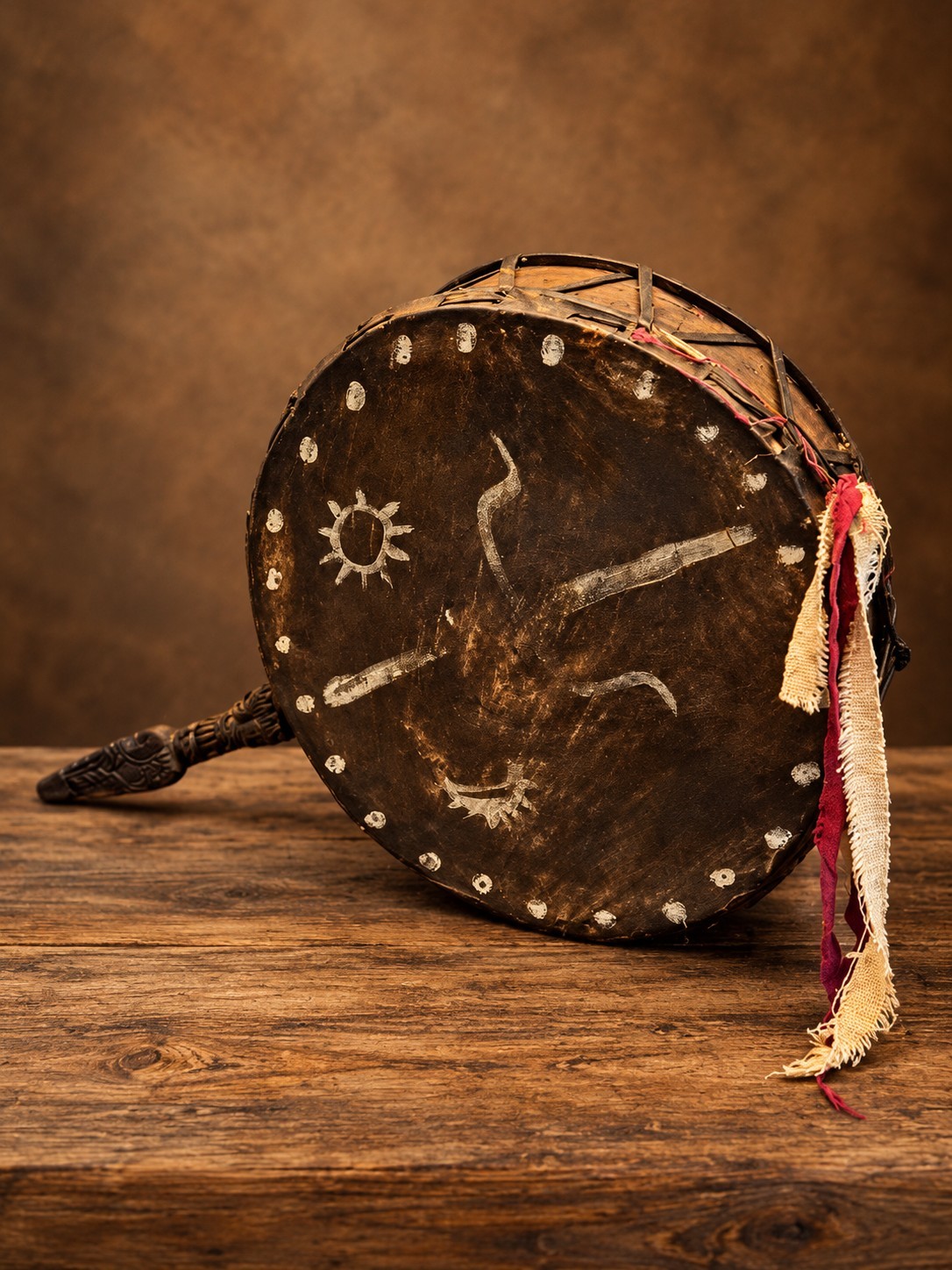 Nepalese Shaman Style Ritual Drum w/ Carved Handle Approx. 12