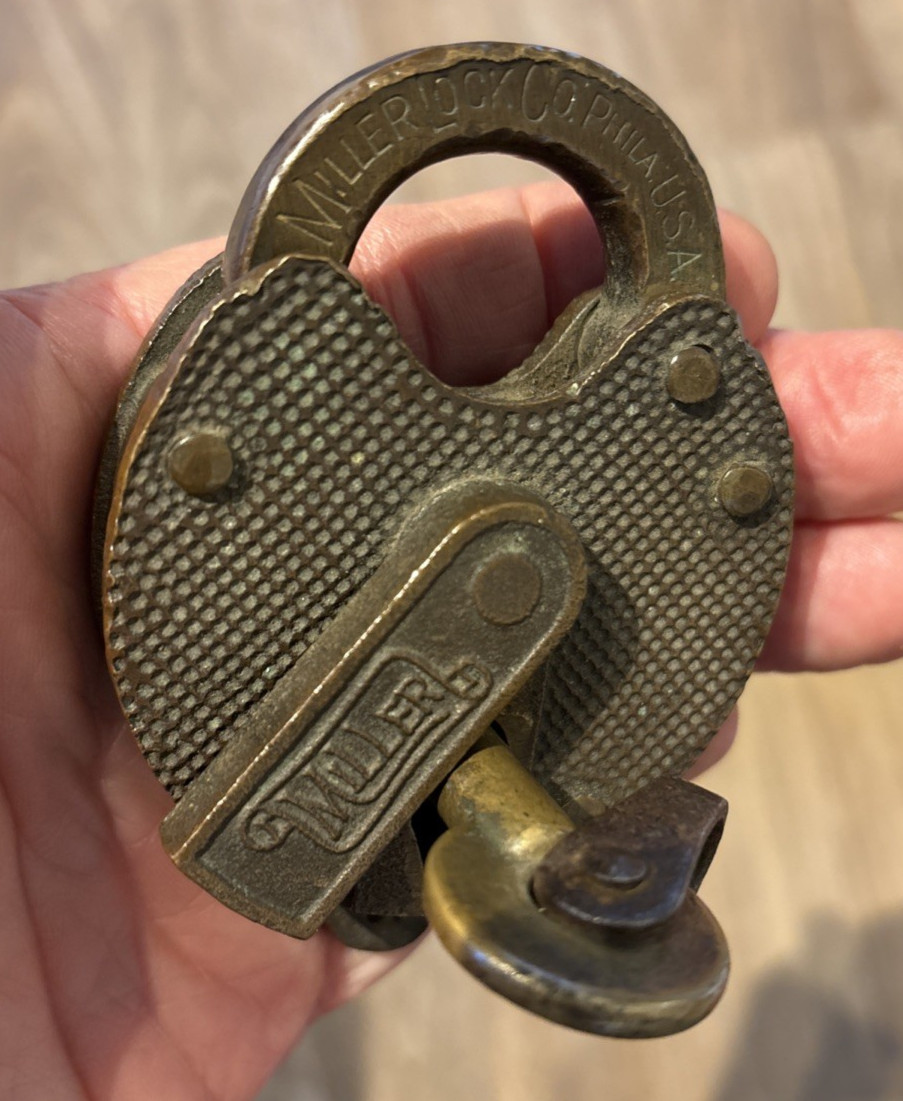 Vintage Antique Brass Pad Lock “Miller” With Key, Philadelphia, PA, Works Well