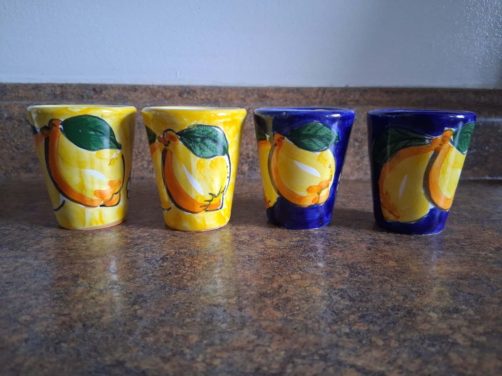 4 Limoncello Hand Painted Pottery Shot Glasses Signed VIETRI & R.K. 2-3/8\ 4 Limoncello Hand Painted Pottery Shot Glasses Signed VIETRI & R.K. 2-3/8\