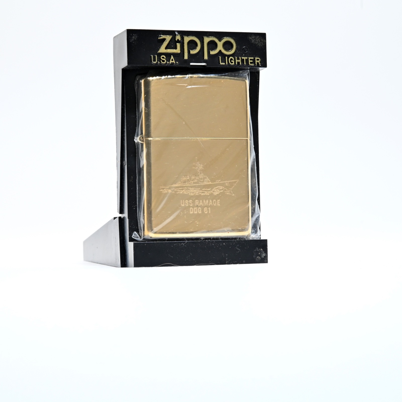 US Navy: USS Ramage DDG-61 Two-Sided Brass Zippo: Unused with Seal/Cased (1999) US Navy: USS Ramage DDG-61 Two-Sided Brass Zippo: Unused with Seal/Cased (1999)