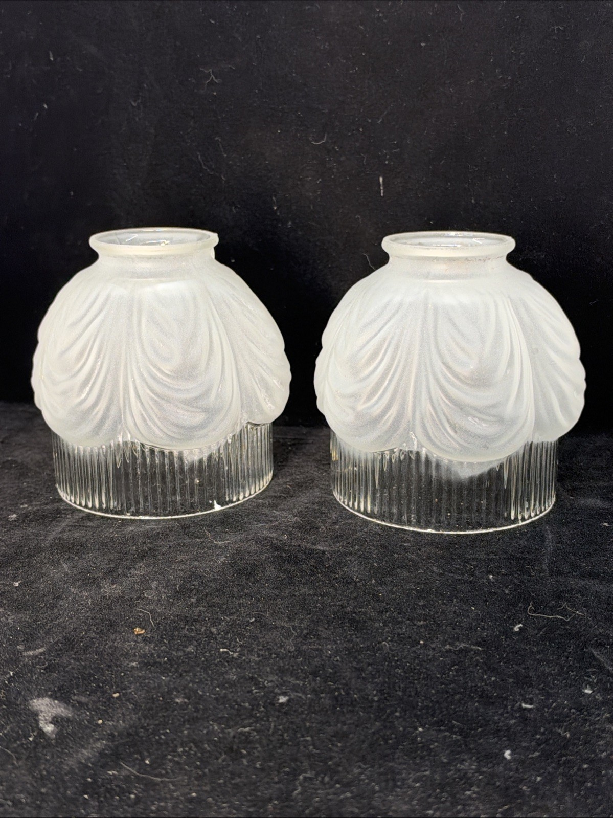 (2) Antique Frosted & Clear Drapery & Ribbed  Glass Shades 2.25” Fitter