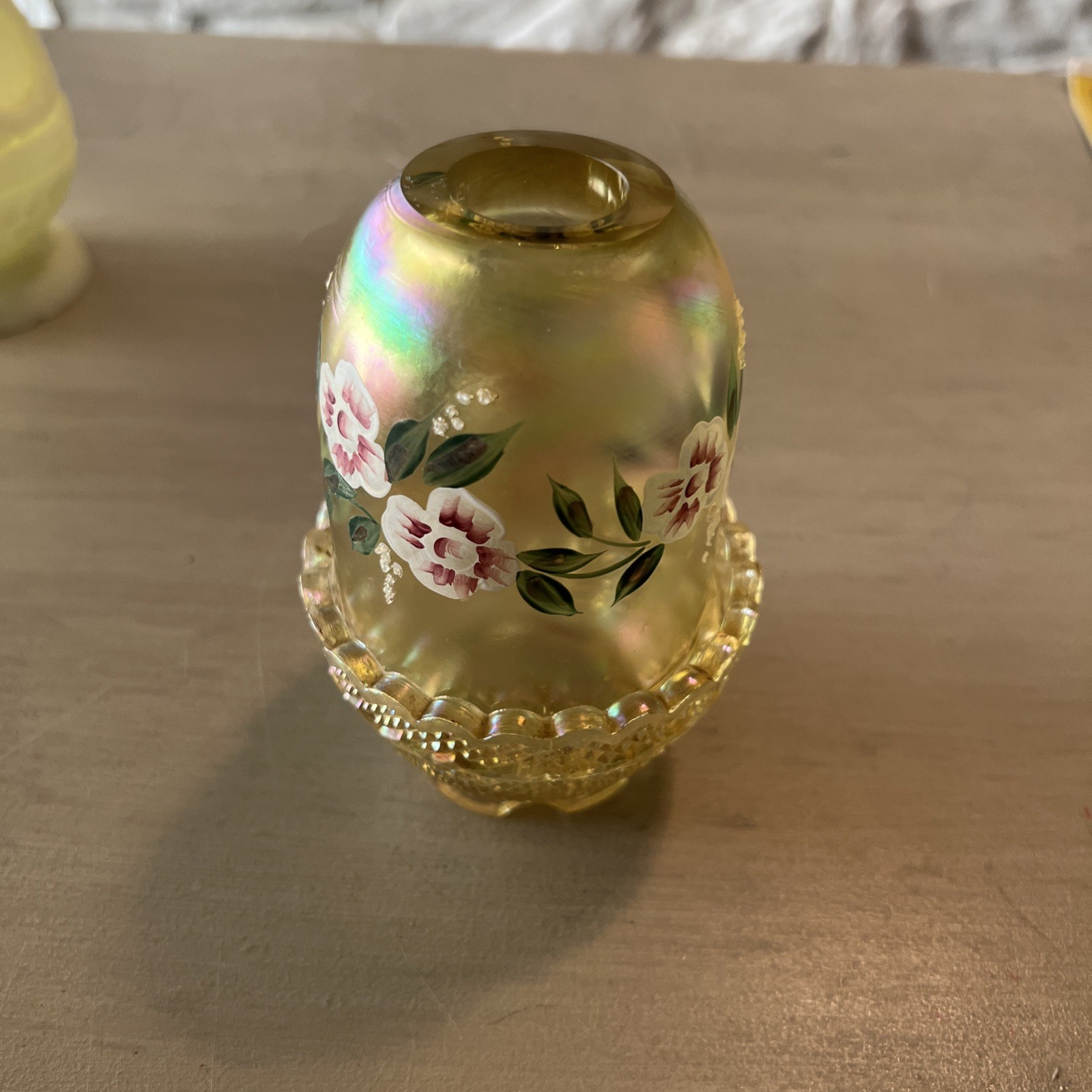 Fenton Hand Painted Iridescent Yellow Satin Glass Fairy Lamp Signed S. Allman Fenton Hand Painted Iridescent Yellow Satin Glass Fairy Lamp Signed S. Allman
