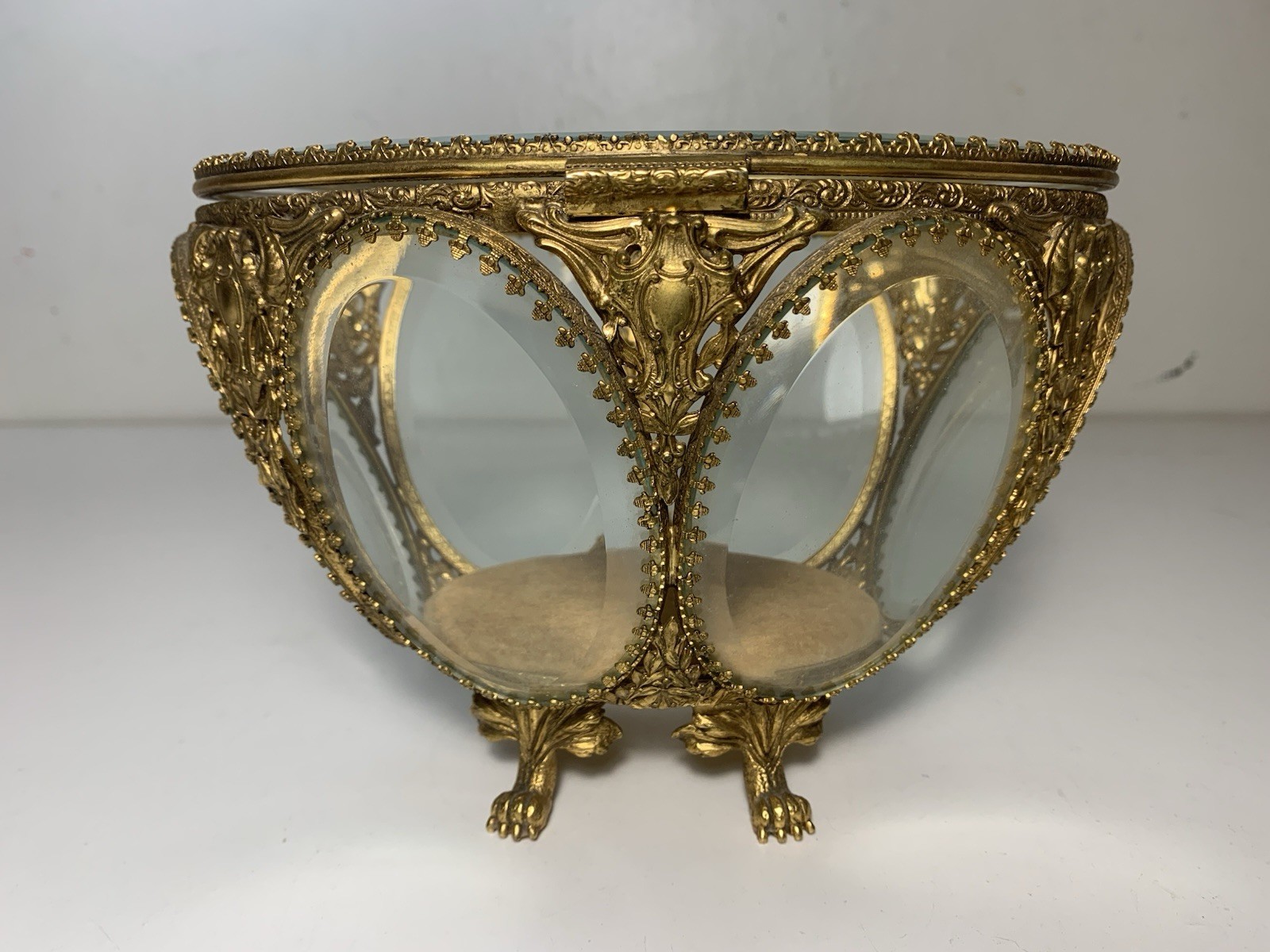 Stylebuilt 24k Gold Plate Ormolu Jewelry Casket Glass Vanity Trinket Box Vintage