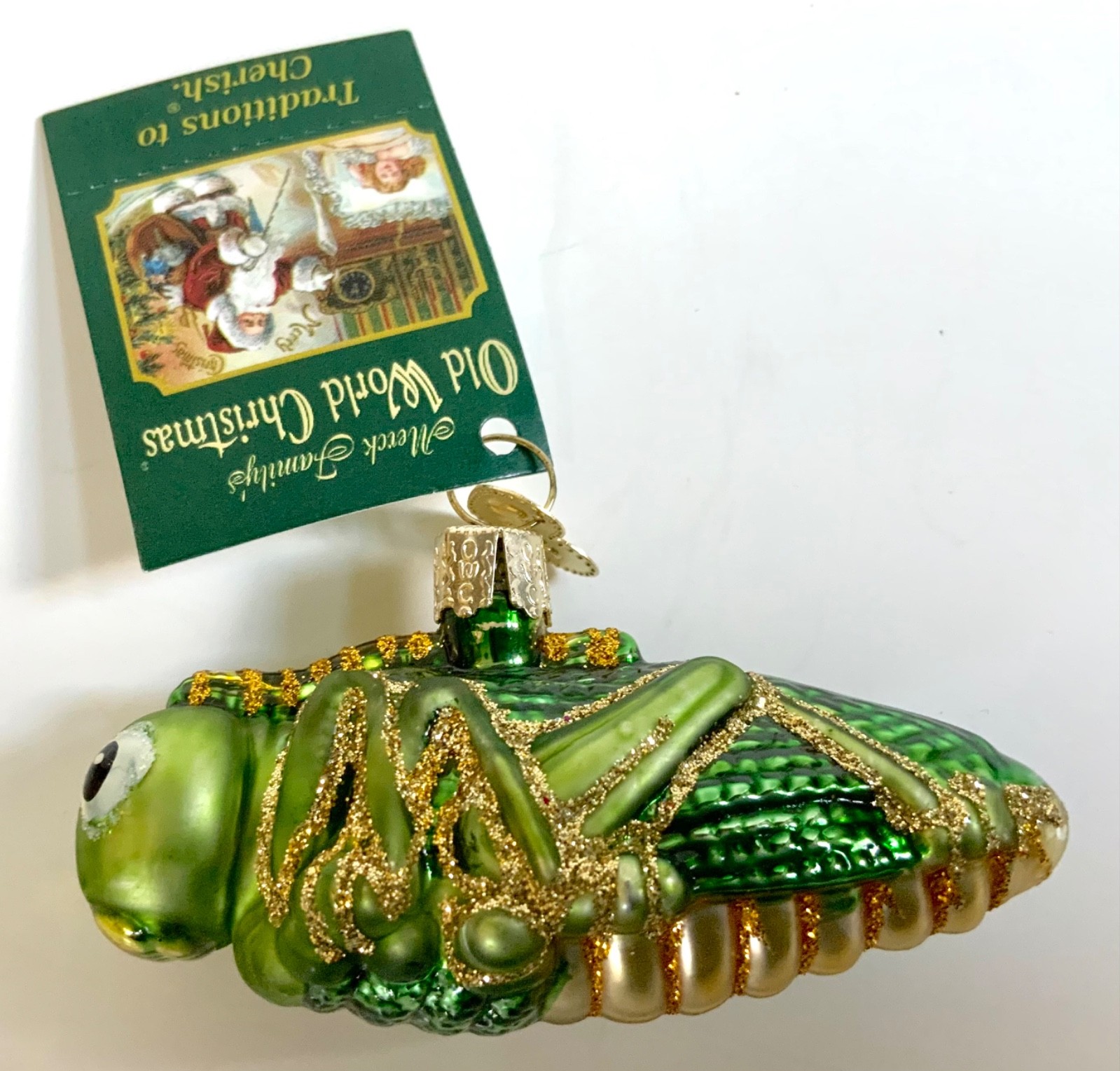 Old World Christmas Grasshopper Ornament Blown Glass Gold Glitter 2002 NWT Old World Christmas Grasshopper Ornament Blown Glass Gold Glitter 2002 NWT