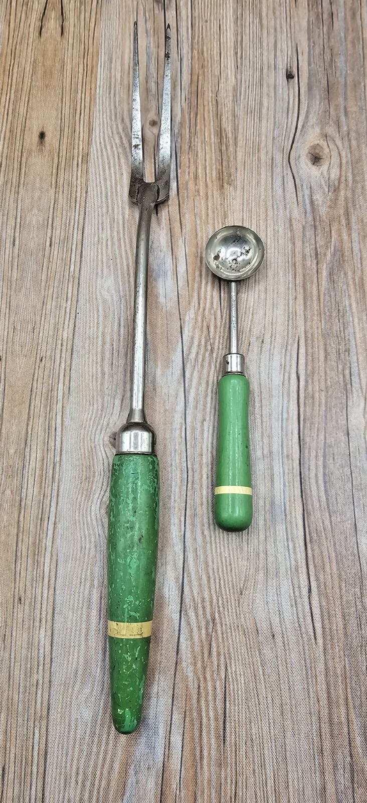 Vintage Green Handled Kitchen Utensils w/ Yellow Stripe Meat Fork Melon Baller
