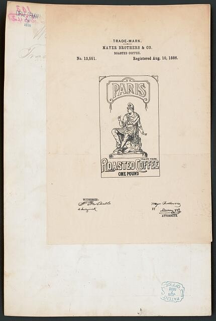 New York NY 1886 Mayer Brothers & Co Paris Roasted Coffee Trademark Label