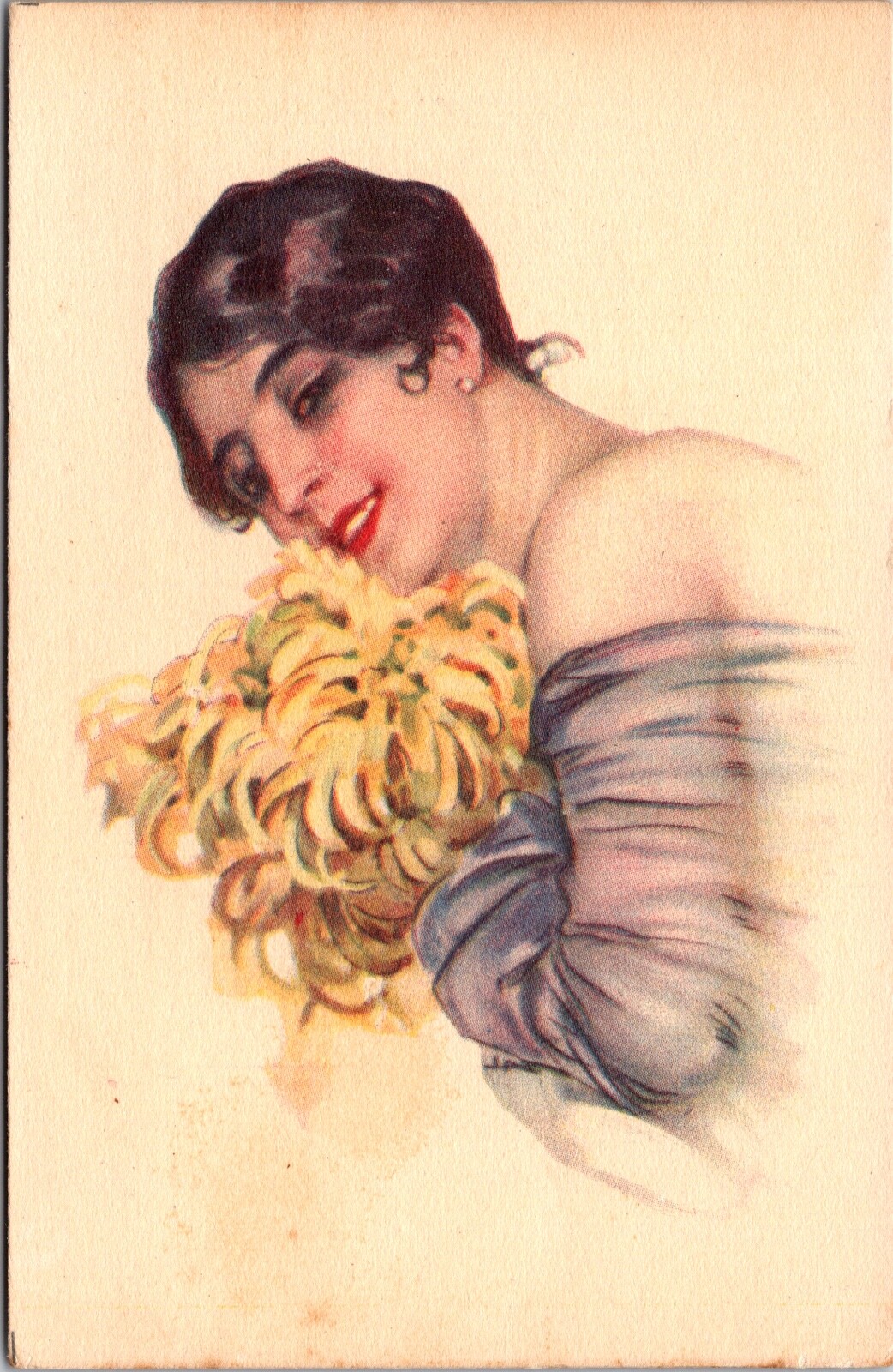 Artist Postcard Beautiful Brunette Woman Holding Yellow Flowers