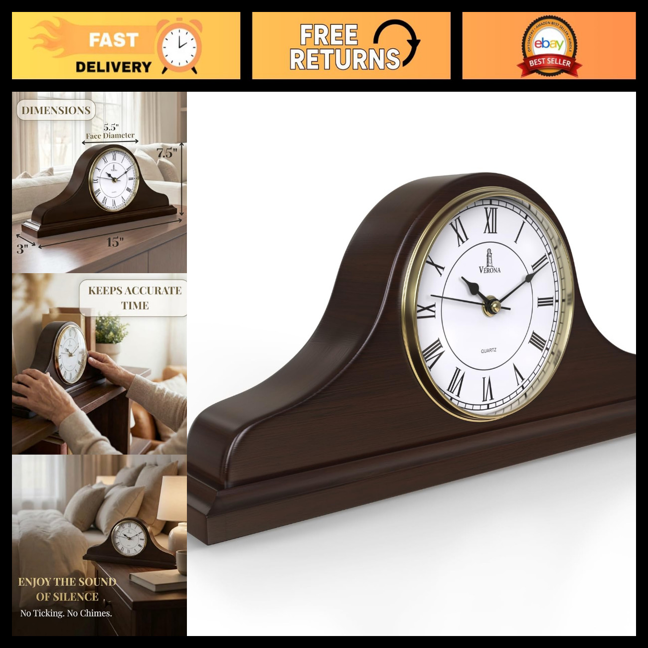 Elegant Solid Wood Silent Mantel Clock for Fireplace - Non-Chiming Home Decor Elegant Solid Wood Silent Mantel Clock for Fireplace - Non-Chiming Home Decor