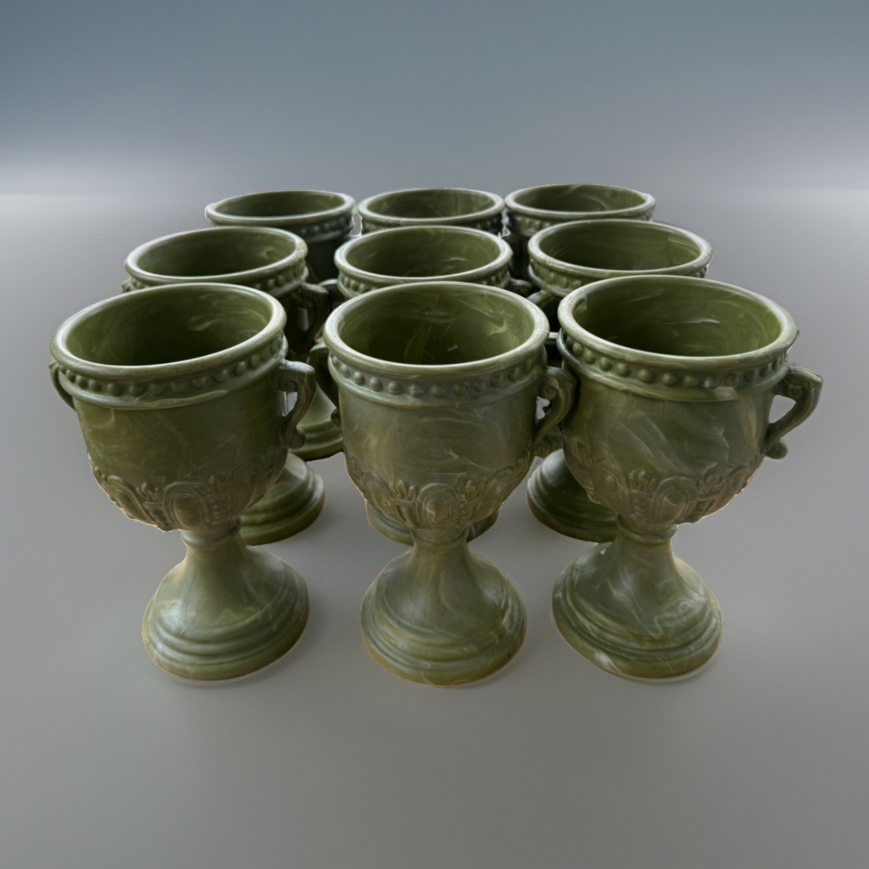 Set of Nine 1950s Green Swirl Inarco Plastic Planter, goblet, decor P100 MCM Set of Nine 1950s Green Swirl Inarco Plastic Planter, goblet, decor P100 MCM