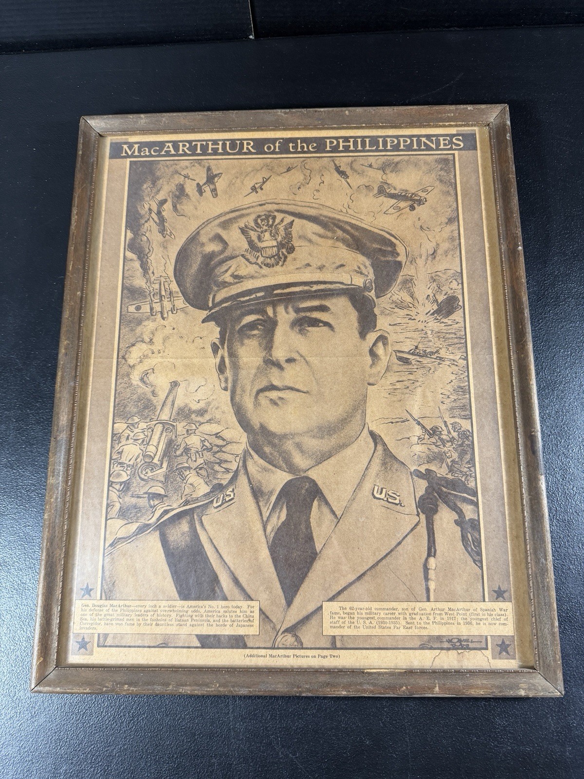 WWII General Douglas MacArthur Philippines Framed Newspaper Print 1942