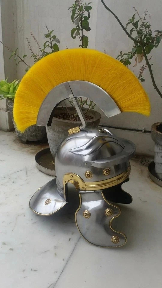 18G Roman Centurion Helmet Silver Yellow Plume Wearable Costume Decor 18G Roman Centurion Helmet Silver Yellow Plume Wearable Costume Decor