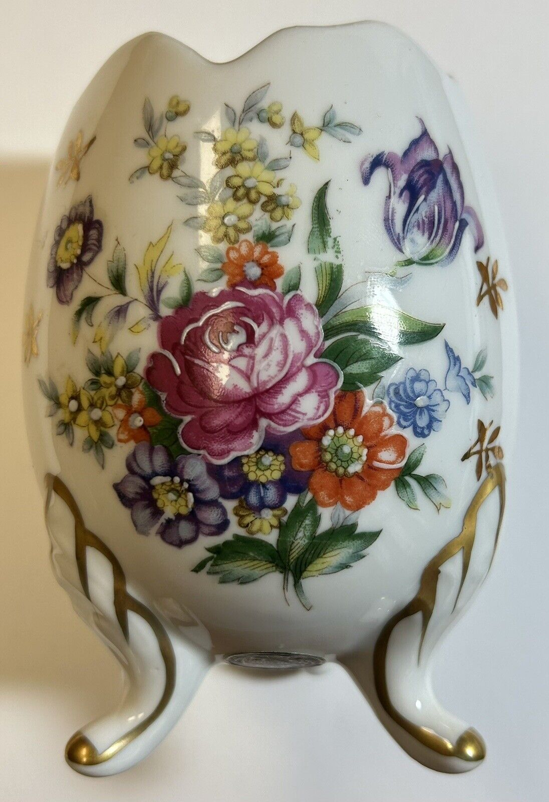 Norcrest 4 1/2” Egg Shaped Footed Vase, Hand Painted, NW-E3, Floral