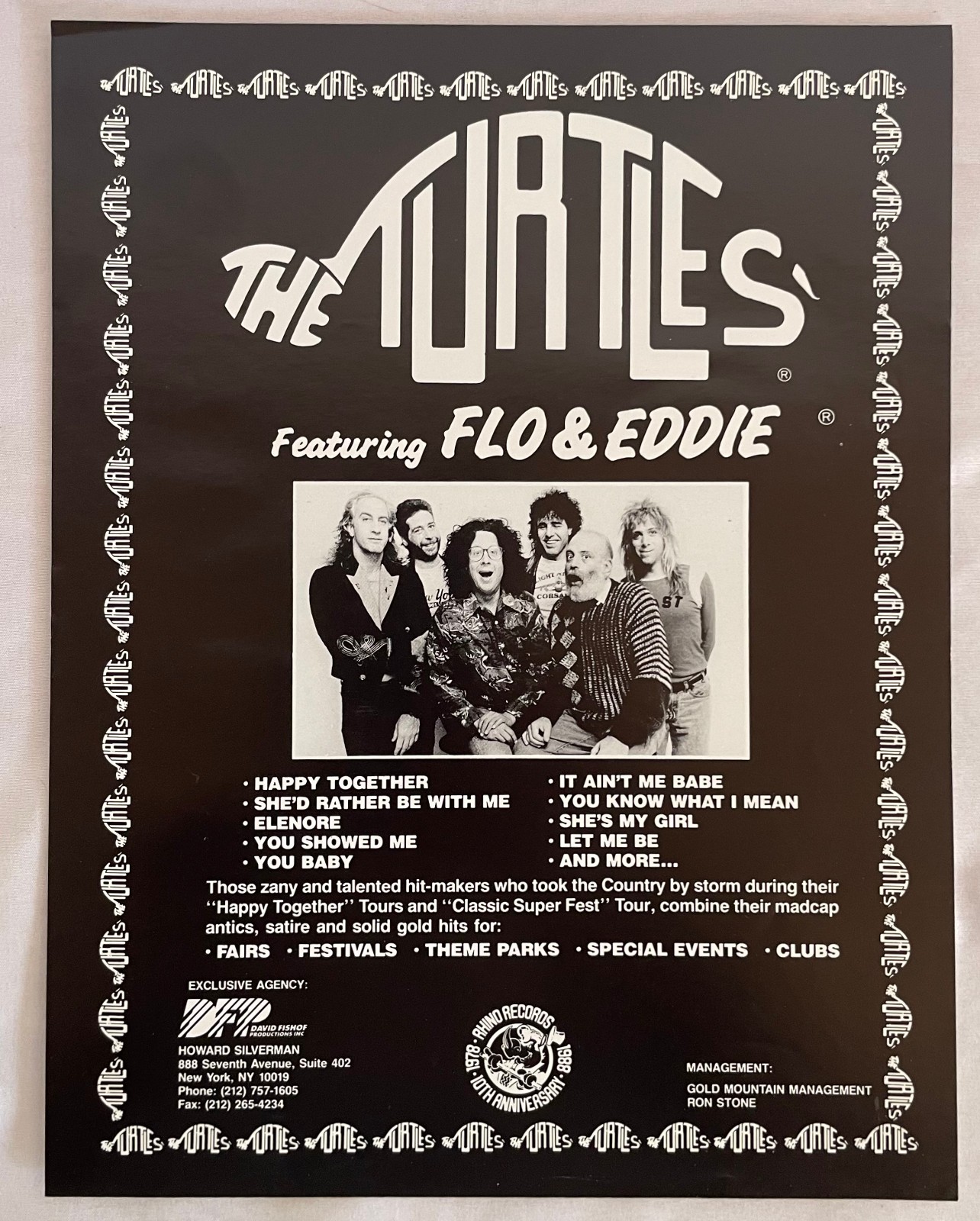 Original 1980\'s Classic *THE TURTLES* Booking Agency Page w/ Flo & Eddie