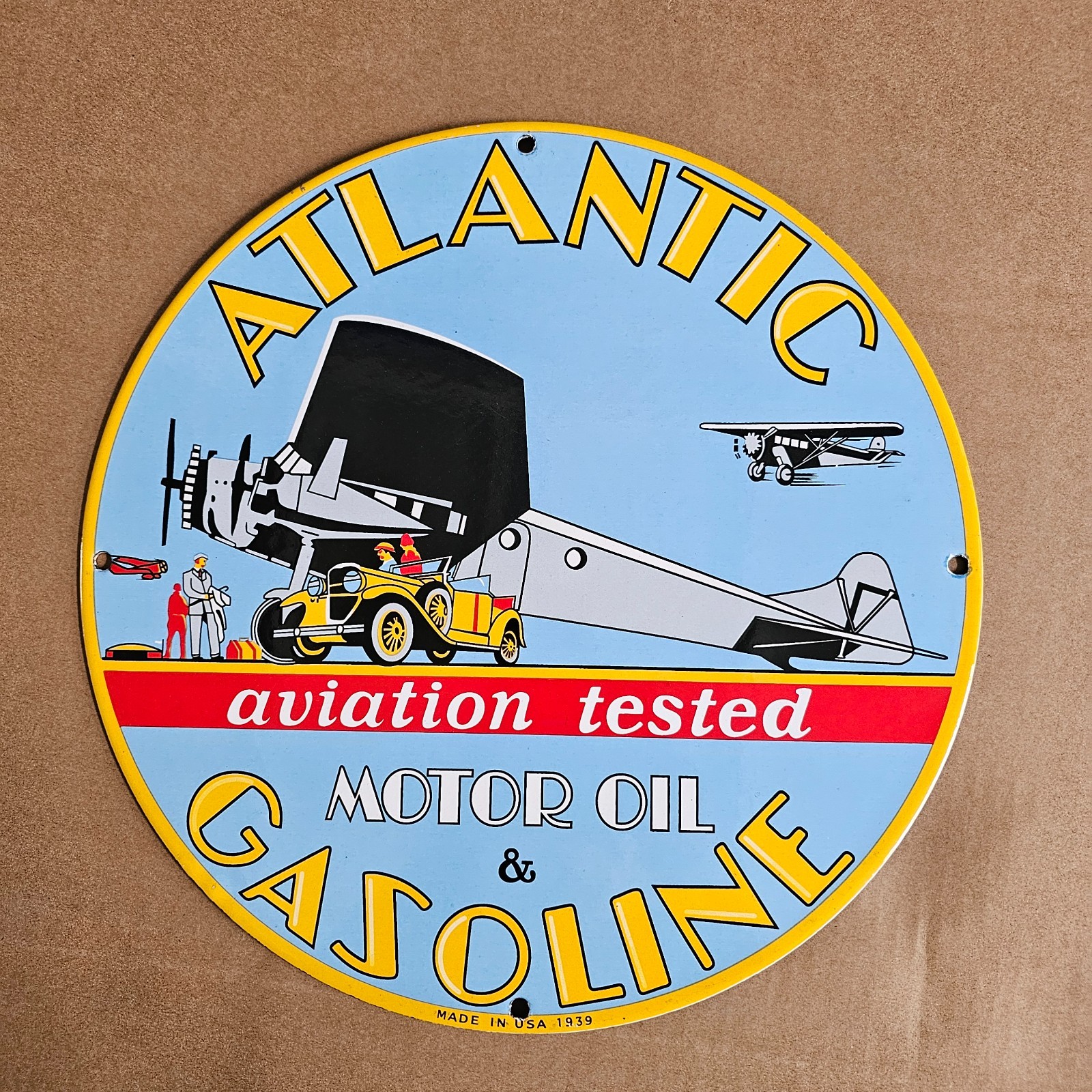 VINTAGE ATLANTIC AIRPLAN OLD US GASOLINE OIL GAS PUMP ENAMEL PORCELAIN SIGN